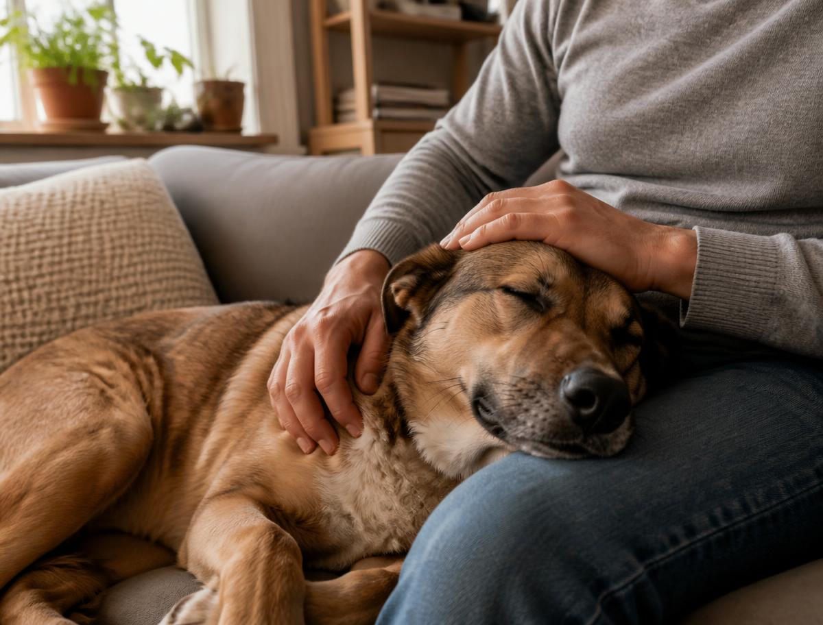 A dog resting against its caregiver on a couch at home